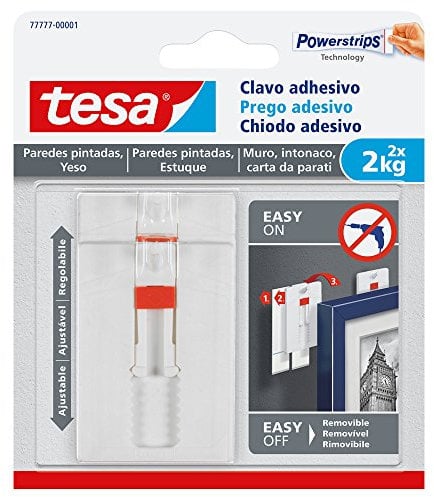 tesa Clavo Adhesivo Ajustable para Paredes Pintadas y Yeso 2 kg, Colgador con Altura Ajustable Sin Perforaciones, Paquete con 2 Clavos Adhesivos y 6 Tiras