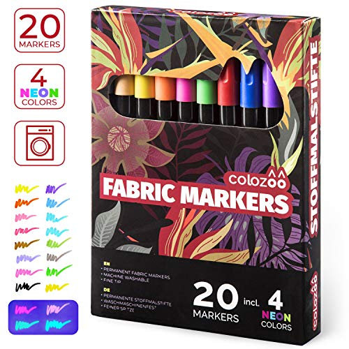 colozoo Set de 20 Crayons pour Tissus : 4 UV Neon et 16 pour Textiles Résistants à la Machine à Laver - Marqueurs pour Textile, Polyester, Sacs, T-shirt, Papier et Autres
