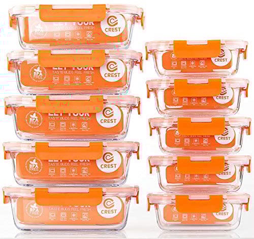 C CREST Lot de 10 Récipient en Verre - 1040 ML + 370 ML Boîtes Alimentaires - Contenants de Stockage de Repas en Verre, sans BPA
