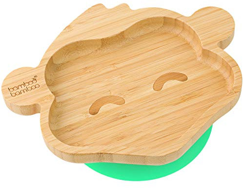 bamboo bamboo Piatto Baby e Toddler, Ventosa per Pappa e Svezzamento, Piatto Scimmia Bamboo con Sicura, Piatti per Bambini da 6 Mesi (Scimmia, Verde)