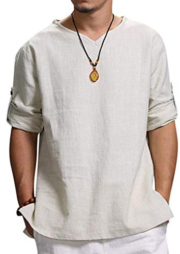 Hot !!! Herren Leinenshirts t Shirts männer Sommer Neue Reine Baumwolle Top komfortable Mode Bluse Tops CICIYONER (XXXXL, Weiß-Langarm)