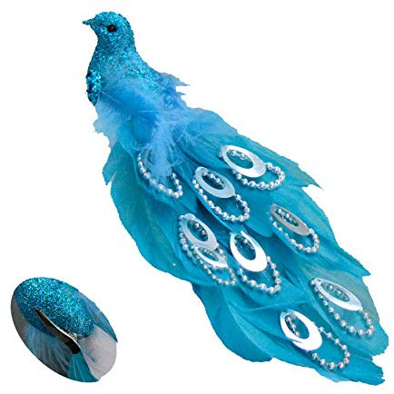 21cm Long Beaded Tail Peacock Clip on Bird Christmas Tree Decoration - Blue