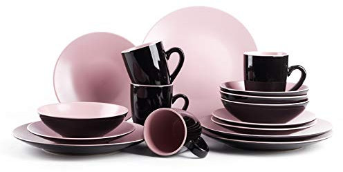 HomeVss Stoneware Two-Tone Colors Life 16pc Dinner Set，Outside Shiny Black + Inside Matte Glaze Rose