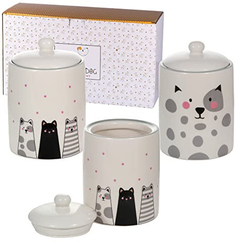 SPOTTED DOG GIFT COMPANY Tarros de Cerámica para Almacenamiento de Alimentos con Tapa, Juego de 3 Botes de Cocina Decorativo para Café Azúcar Té Diseño de Gato, Regalo para Amantes de Gatos, 860ml
