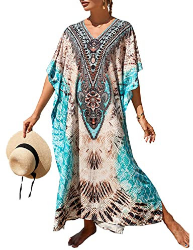 Bsubseach Women Ethnic Print Kaftan Beach Maxi Dress Batwing Sleeve Plus Size Bathing Suit Cover Ups