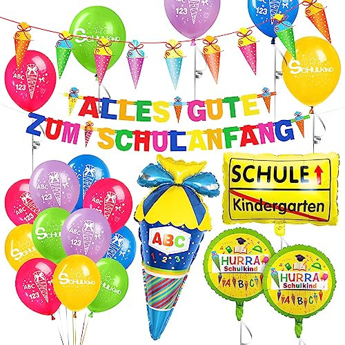 Einschulung Schulanfang Schuleinführung Deko, Alles Gute zum Schulanfang Girlande, Zuckertüte Banner, Schulkind Luftballons, Folienballon Zuckertüte Schulkind Einschulung für Jungen