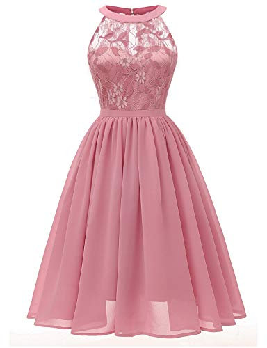 VEMOW Vestido Cóctel Fiesta Dama De Honor Mujeres V-Cuello Sin Mangas de Encaje Floral, Halter Gasa de Encaje Sexy Vestido Midi Corto Vintage 50s 60s A-línea Cóctel Noche de Boda(A Rosa,M)