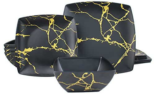 DAPOTO Melamine Dinnerware Set for 4-12 Pcs:Camping Dishes Set with Dinner Plates,Salad Plates and Bowls.Lightweight and Unbreakable.Indoor and Outdoor Use. flower 26