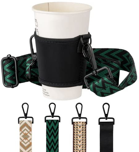 80 Oak Cupholder NEU. Tasche für Kaffeebecher und Flasche zum Umhängen. Ideal für Becher und Trinkflaschen aller Art (Schwarz, Muster Grün)