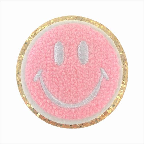 Goldener Glitzer und rosa Chenille Varsity Initial Patches, selbstklebender Aufkleber zum Aufbügeln, 6,3 cm Höhe (Smiley)