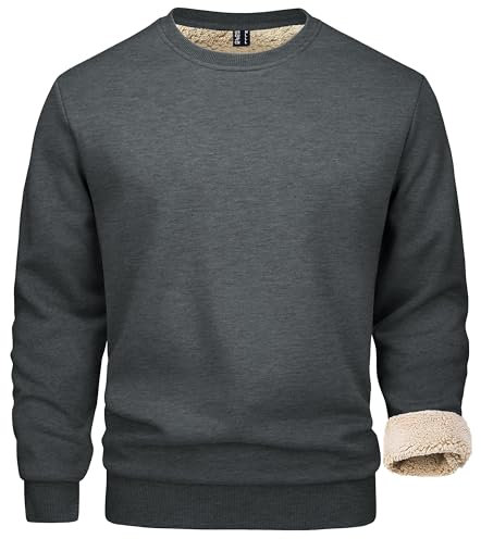 MAGCOMSEN Herren Crewneck Langarmshirt Winter Fleece Sweatshirt mit Rundhalsausschnitt Männer Stretch Outdoor Pullover Warm Laufshirt Freizeit Trainingsshirt Dunkelgrau S