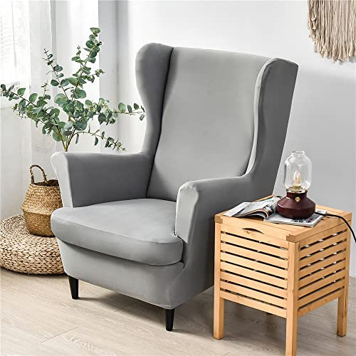 Highdi 2 Teilig Ohrensessel Überzug, Sessel-Überwürfe Ohrensessel Schonbezüge Bezug Sesselhusse Elastisch Stretch Stuhlbezug mit Armlehne Hohe Rückenlehne Universal (Hellgrau,Sesselhusse)