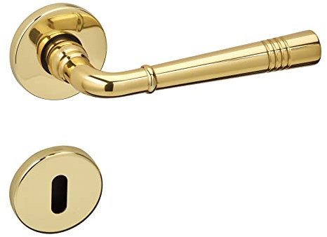 1 Set Türgriffgarnitur FREJA Messing poliert Buntbart (BB) Türbeschlag auf Rund Rosettengarnitur Türklinke Vintage mit Befestigungsmaterial von Sotech