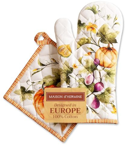 Maison d' Hermine Pumpkin Garden - Cloudy Cream 100% Coton Gants de Four (19cm x 33cm) et maniques (20cm x 20cm) pour Cuisine Four Micro-Ondes Barbecue Thanksgiving/Noël