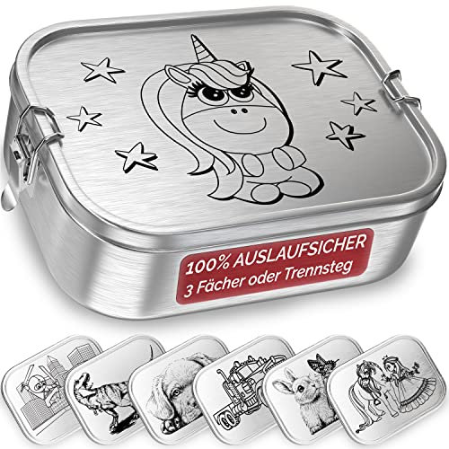 TAKWAY Edelstahl Brotdose Kinder mit Fächern 800ml | Auslaufsicher | Bento Box mit Unterteilung variabel | Jausenbox Brotbox Kindergarten Kita Schule (Einhorn, Trennsteg)