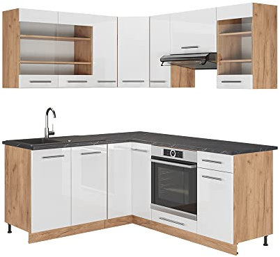 Vicco cucina angolare completa Fame-Line, Bianco lucido/oro power oak, 160 x 190 cm senza piano di lavoro