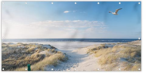 MuchoWow® Balkon Sichtschutz Sichtschutzmatte Balkonbanner Abdeckung für Terrasse Balkon Windschutz Blickdicht Wetterfest 200x110 cm Düne - Möwe - Strand - Meer - Sonne