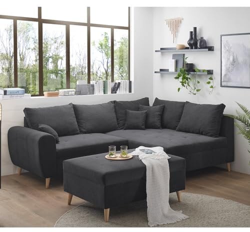 Lomadox Ecksofa mit Hocker und 8 Kissen in anthrazit modern | L-Form mit Recamiere rechts