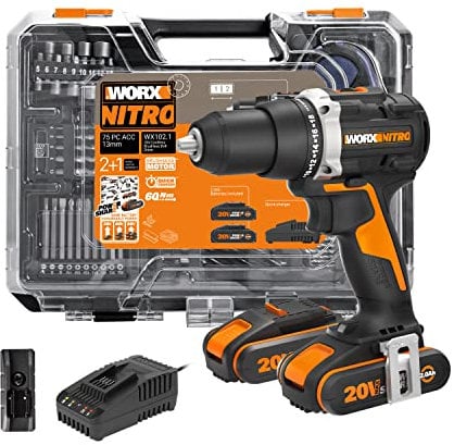 WORX NITRO 18V (20V MAX) Akku-Bohrschrauber WX102.1, PowerShare, bürstenlos, 60Nm, 2-stufige Drehzahlregelung, Kupplung mit 18+1 Positionen, LED-Licht, 2x2Ah-Akkus, Ladegerät, 75-teiliges Zubehörset