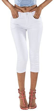 Nina Carter P132 Jean Capri Skinny Fit pour Femme Pantacourt Taille Haute Effet Usé et Lavage, Blanc (P132-9), XL