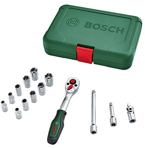 Bosch Home and Garden Juego de Llaves de Vaso de 1/4 pulgadas, 14 Piezas, Trinquete Versátil para Multitud de Tareas de Bricolaje, Empuñadura Ergonómica, Portapuntas Magnético