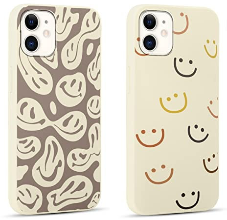 RUMDEY 2 Pack Happy Smiles Face for iPhone 12 6.1 Inch Phone Case,Aesthetic Cute Smile Design Cases Soft Silicone Slim TPU Shockproof Protective Bumper Cover for Women Men Girls-Kawaii