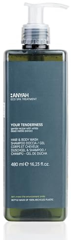 Anyah Gel douche pour cheveux et corps (480 ml/lot de 18) Your Tenderness, certifié Ecolabel européen, pompe non scellée, flacon recyclé
