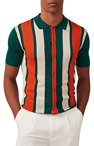 Kallspin Uomo Vintage Knit Polo Shirt Manica Corta a Righe Button Down Knitting Golf Shirts(Verde X-Large)