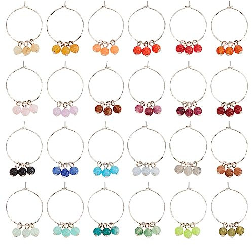 BENECREAT 24PCS Acrylic Wine Glass Charm, Faux Gemstone Beaded Tassel Wine Glass Markers with Brass Ring for Wedding Receptions, Beach Party