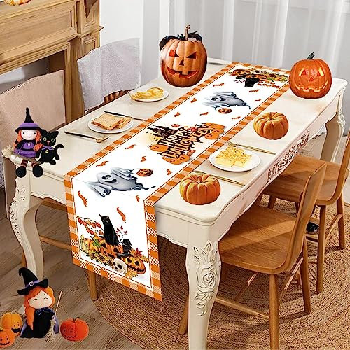 Tischläufer Halloween Happy Halloween Tischläufer Deko Abwaschbar Schaurig Trick or Treat Kürbis Katze Geist SchläGer Tischdecke Halloween Party Lang Tischtuch Tischband Tisch Dekoration, 14x71 Zoll
