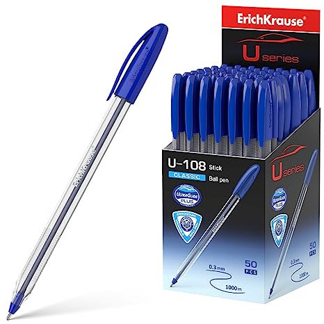 Kugelschreiber 0,3mm 50er Pack Blau - einfaches und weiches Schreiben - schlanke Form & transparent - Kullis & Schreibtischzubehör - U-108 Classic
