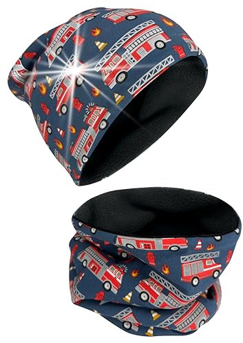 HECKBO Winter 360° Reflektor Kinder Mütze & Loop Schal Set - Feuerwehr Vlies innen - 2-6 Jahre - 95% Baumwolle - weiches & pflegeleichtes Stretch-Material