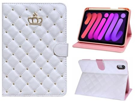 HDTOP Case for iPad Mini 6 (8.3-Inch, 2021 Model), PU Leather Crown Bling iPad Mini 6th Generation Case with Pencil Holder, Smart Cover with Soft TPU Back (White)