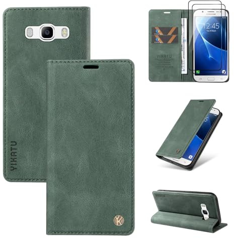 Beajew kompatibel mit Samsung Galaxy J510/J5 2016 Hülle [Mit 2 Stück Panzer Schutz Glas] Premium Leder Stoßfest Schutzhülle Kartenfach Klapphülle Handyhülle für Samsung Galaxy J510/J5 2016, Grün