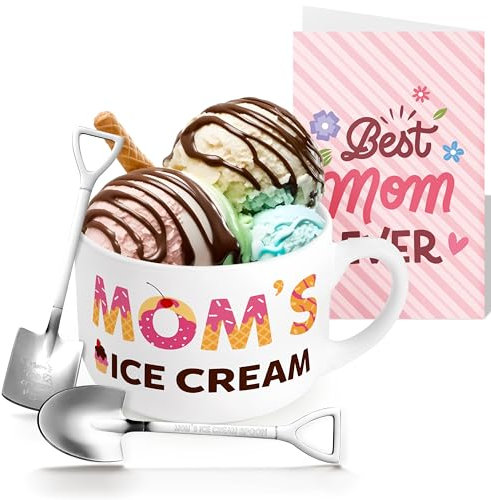 R HORSE 4 Pcs Ice Cream Bowl mit Griff Edelstahl Löffel, Keramik tief Dessert Tassen für Papa, Eisbecher Sundae gestielt Obst Snack Salat Parfait Schalen Geschenk für Weihnachten (Mutter)