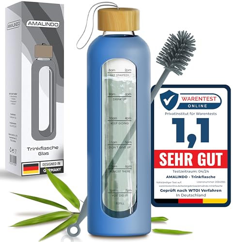 Amalindo Trinkflasche 1l Glas Bruchsicher, Wasserflasche 1l, Glasflasche 1 Liter, Trinkflasche-Glas-1l, water bottle 1l, 1 Liter Trinkflasche spülmaschinenfest, Blau