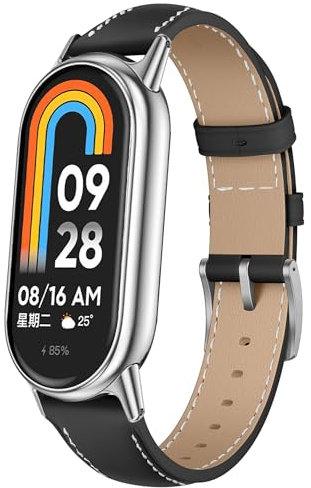 KoGiio Vintage Leder Armband Kompatibel mit Xiaomi Smart Band 9/Xiaomi Smart Band 8 /Xiaomi Mi Band 9/8, Metallschnalle Atmungsaktiv Ersatzarmband, Herren Damen Ersatz Weich Uhrenarmbänder - Schwarz