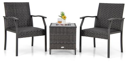 COSTWAY Conjunto Jardin Exterior de Ratán 3 Piezas, 2 Sillas de Mimbre con Asientos Acolchados y 1 Mesa de Vidrio Templado, Mesa y Sillas Terraza Balcon Jardin, Marrón