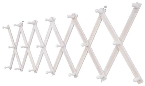 SCUNDA Akkordeon-Wandaufhänger mit 20 Haken, Holzwand, erweiterbare Garderobe für Mantel, Hüte, Baseballkappen, Kaffeetasse, Schmuck (Ruist White)