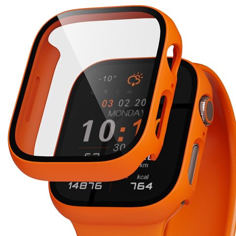 LINTEKER 2 Pack Hard Case for Apple Watch Series 9/8/7 Screen Protector 41mm, with 9H Tempered Glass Screen Protector, Full Protective Cover for iWatch Ultra Accessories 41mm,Orange