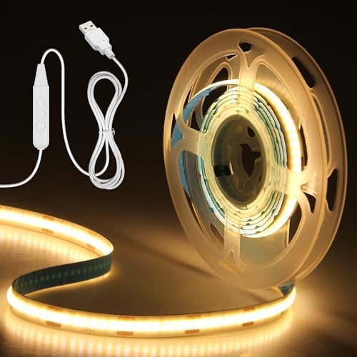 Aclorol Warm White COB LED Strip Light 2M Flexible USB LED Light Strip Bright Led TV Backlight Dotless 320LEDs/M Dimmable CRI85+ for Under Cabinet Kitchen Living Room TV DIY Lighting Project 3000K