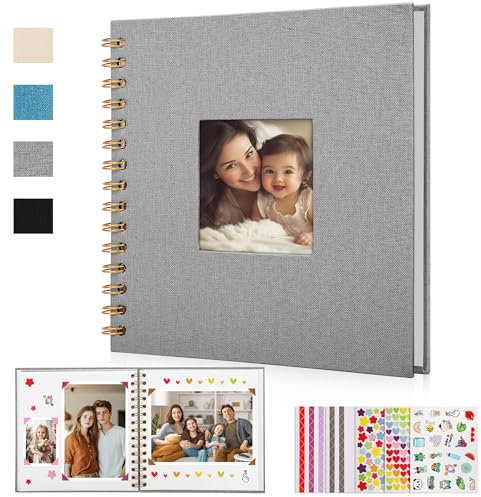 DazSpirit Leinen Fotoalbum zum Selbstgestalten, 20,5 x 20,5cm, 60 Weißen Seiten Fotobuch zum Einkleben mit Frontfenster, 5 Aufkleber, DIY Geschenk für Baby, Familie, Jahrestag, Geburtstag (Grau)