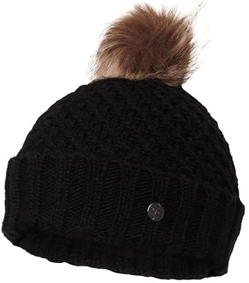 Roxy Damen Blizzard Beanie - Grobstrick Wintermütze mit Kunstfellbommel, Fleece gefüttert, Schwarz, Einheitsgröße