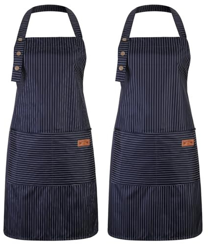 ViEinkaufen 2 Pack Kitchen Aprons for Men Women, Waterproof Chef Bib Aprons Adjustable Cooking Apron with 2 Large Pockets for Cooking BBQ, Baking, Cleaning