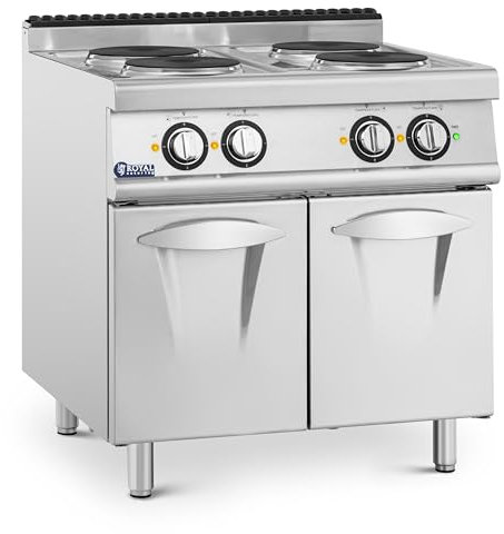 Royal Catering Cocina Eléctrica para Gastronomía 10.4 kW con 4 Zonas de 23 cm y Mueble Bajo - Acero Inoxidable
