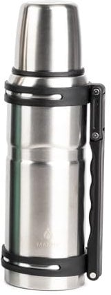 Manna Thermoskanne aus Edelstahl, isoliert, mit Tragegriff und Becherdeckel, 1,2 l, silberfarben