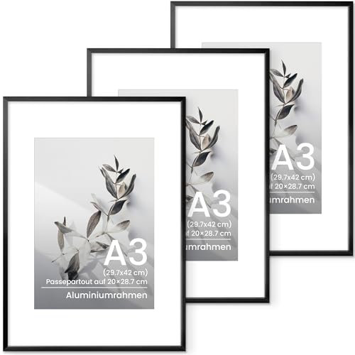 A3 Bilderrahmen Schwarz, Aluminium Din A3 Rahmen, Für 29,7x42 cm-Fotos ohne Passepartout oder 20x28,7 cm-Fotos mit Passepartout, Metall Fotorahmen Mit gehärtetem Glas für Wandkunstrahmen, 3 Packs