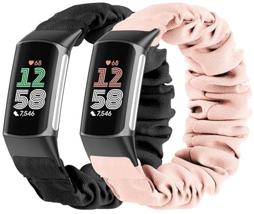 Wizvv 2 Stck Scrunchie Armband kompatibel mit Fitbit Charge 5/Fitbit Charge 6, atmungsaktives Nylon Ersatzarmband fr Damen Herren, Schwarz, S(119mm-160mm)