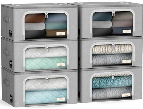 Sorbus Clothes Storage Bins, Clear Window & Handles (6 Pack, Gray) | Large foldable stackable boxes have easy-carry grips for bedding and linens in closets, bedrooms and laundry rooms.