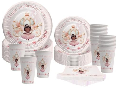 Princess Party Tableware Set Daughter's Birthday Personalised Name Age Kids Fairytale Theme Supplies Decorations, Cake Napkins Plates Cups pack of 24